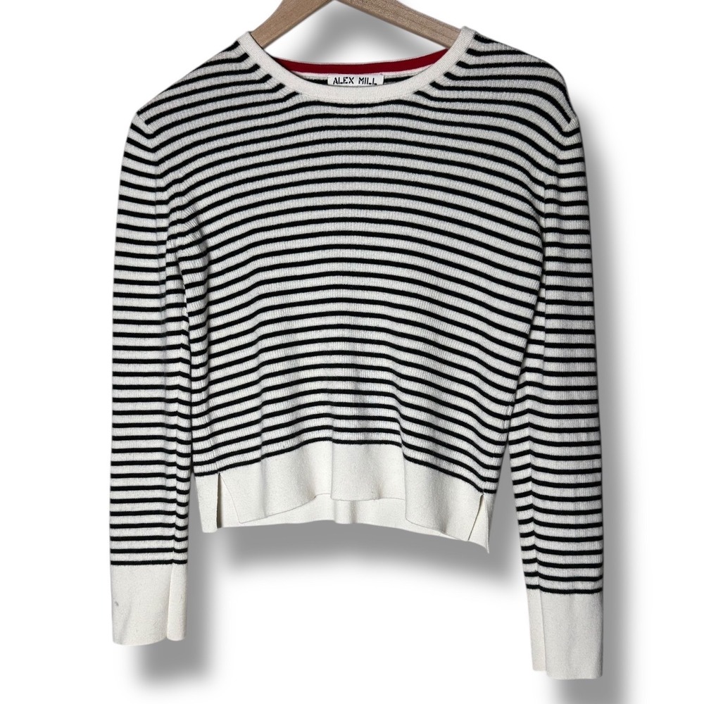 Alex Mill Large Slim Fit Crewneck‎ Wool Sweater Black White Stripe Coastal